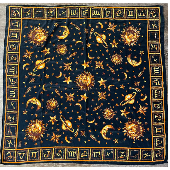 Versace Accessories - Vintage Gianni Versace Sun Moon Stars Astrological Zodiac Silk Scarf Black Gold